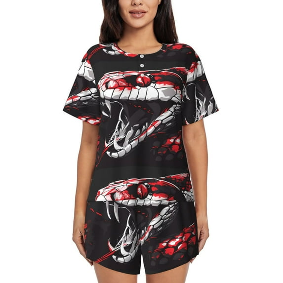 Wukai Fierce Red Viper Graphic Art Print Women's Pajama Set - Short-Sleeve Top and Shorts with Elastic Waistband and Pockets for Loungewear, Yoga, and Casual Wear-X-Large