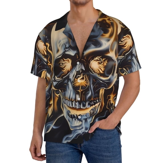 Wukai Fiery Skull Trio Men's Casual Short-Sleeve Button Down Shirt,Cuban Shirts for Men,Mens Short Sleeve Dress Shirts-Small