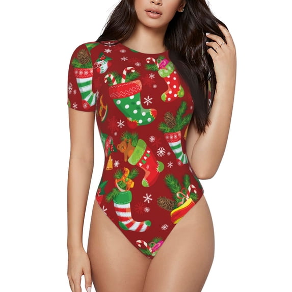 Naloa X-mas and New Year Women's Short-Sleeved Onesie, One-Piece Swimsuit for Parties, dates, clubs - XX-Large