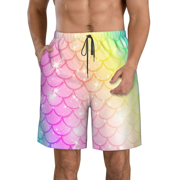 Wukai Fish Scale Print Beach Trunks with Compression Liner Swimsuit Quick Dry Beach Sports Shorts with Pocket-XX-Large