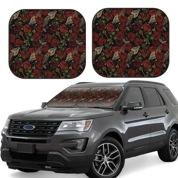 Wukai Fishbone Rose Print Windshield Sun Shade, Car Front Window Shades Sunshade Cover Sun Visor Shield Block Automotive Interior Protector Blocks UV Rays-Small