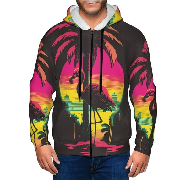 Wukai Flamingo And Palm Trees At Sunset Print Men's Zip-Up Hoodie,Fleece Full-Zip Hoodie for Men, Hooded Sweatshirt-X-Large