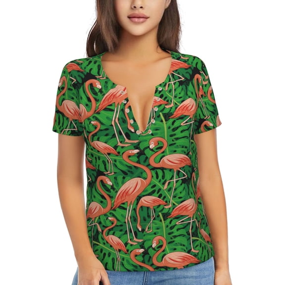 Wukai Flamingo Casual V-Neck Graphic Tees for Women: Lightweight and Breathable Summer Tops with Stylish Design-X-Large