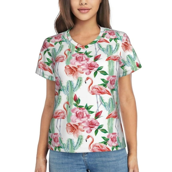 Wukai Flamingo Flower Classic V-Neck T-Shirt for Women: Comfortable, Stylish, and Versatile Wardrobe Essential-Small