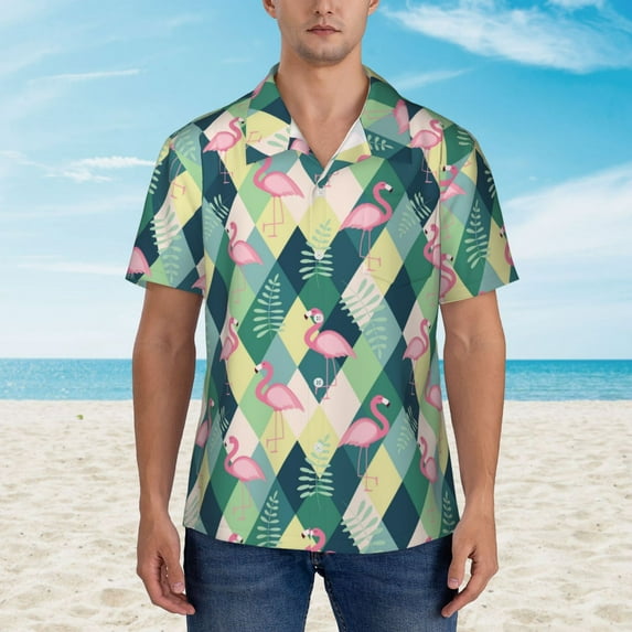 Wukai Flamingo Men's Hawaiian Shirt Short Sleeve Casual Button Down Summer Beach Aloha Shirt Tropical Print Holiday Party