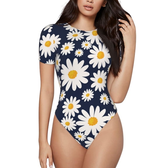 Naloa Daisy Floral Women's Short-Sleeved Onesie, One-Piece Swimsuit for Parties, dates, clubs - Medium