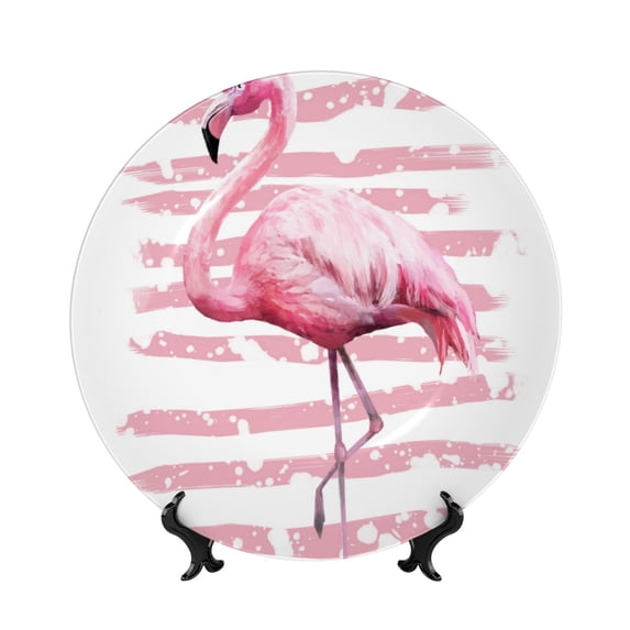 Wukai Flamingo Print Decorative Plate for Display,Bone China Decorative Plate, Ceramic Dinner Plate with Stand, Vertical Ceramic Plate-6in