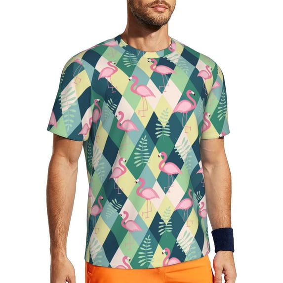 Wukai Flamingo Print Men's Short-Sleeved Mesh T-Shirt,Quick-Dry Short Sleeve Workout T-Shirt-Medium
