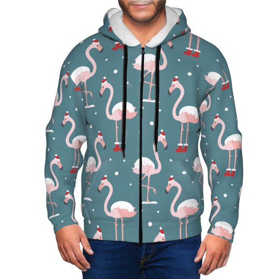 Wukai Flamingo Print Men's Zip-Up Hoodie,Fleece Full-Zip Hoodie for Men, Hooded Sweatshirt-Small