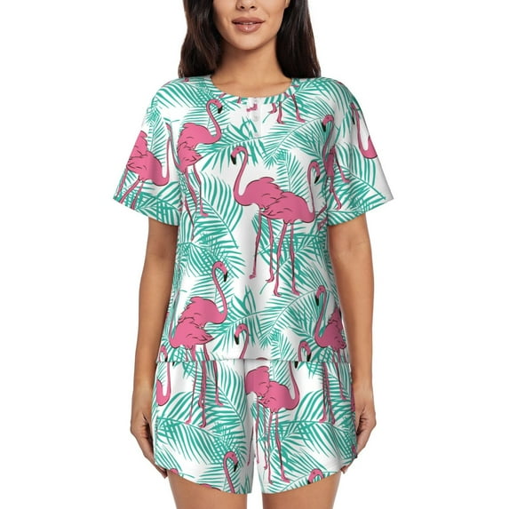 Wukai Flamingo Print Women's Pajama Set - Short-Sleeve Top and Shorts with Elastic Waistband and Pockets for Loungewear, Yoga, and Casual Wear-XX-Large