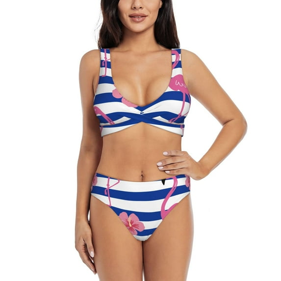 Wukai Flamingo Women's Bikini Set Two Piece,wimsuit High Waisted V Neck Twist Front Adjustable Spaghetti Straps Bathing Suit-X-Large
