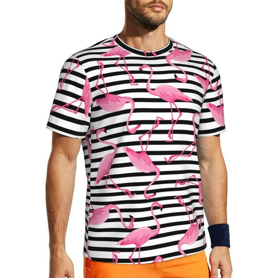 Wukai Flamingos Print Men's Short-Sleeved Mesh T-Shirt,Quick-Dry Short Sleeve Workout T-Shirt-Medium
