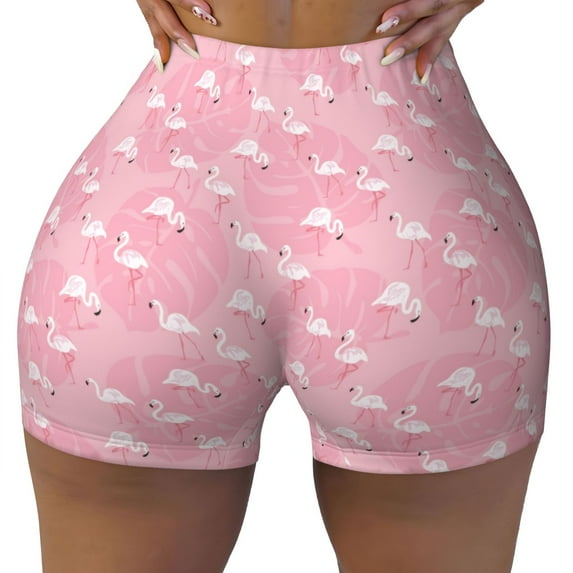 Wukai Flamingos and Flowers Print Pack Biker Shorts for Women Yoga Workout Gym Running Scrunch Active Shorts-Large