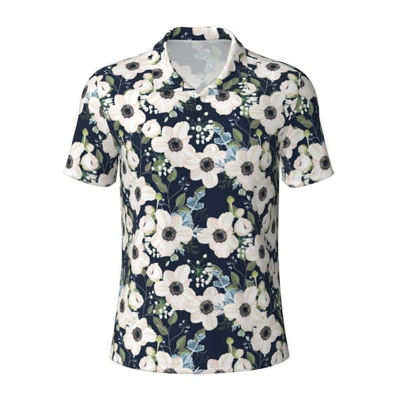 Wukai Floral Flowers Blue Men’s Polo Shirts,Quick-Dry Athletic Shirt,Classic Fit Shirts-Small