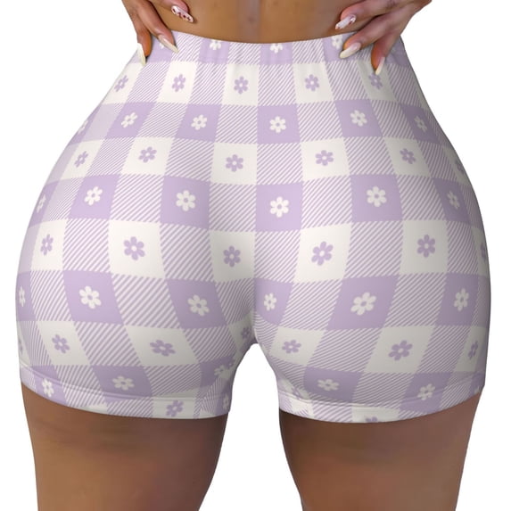 Wukai Floral Purple Buffalo Plaid Print Pack Biker Shorts for Women Yoga Workout Gym Running Scrunch Active Shorts-XX-Large
