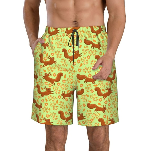Wukai Floral Squirrel Print Beach Trunks with Compression Liner Swimsuit Quick Dry Beach Sports Shorts with Pocket-3X-Large