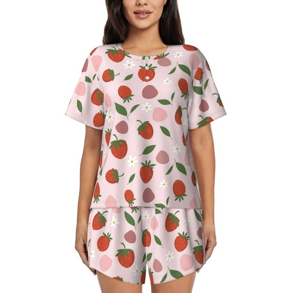 Wukai Floral Strawberr Women's Pajama Set,Short-Sleeve Top and Shorts with Elastic Waistband and Pockets for Loungewear, Yoga, and Casual Wear-3X-Large