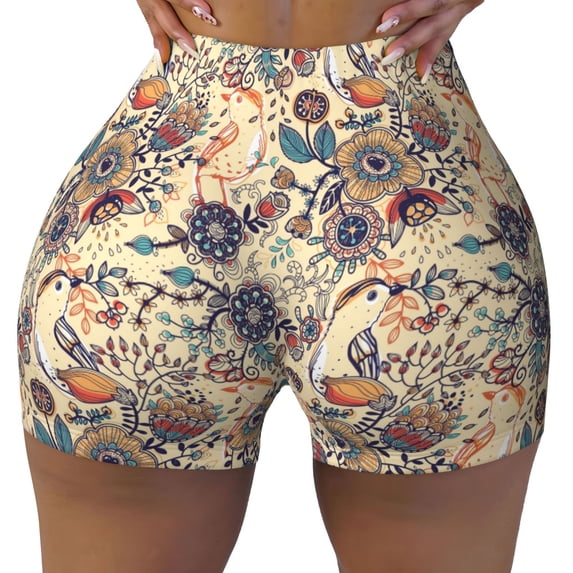Wukai Floral With Birds Print Pack Biker Shorts for Women Yoga Workout Gym Running Scrunch Active Shorts-Large