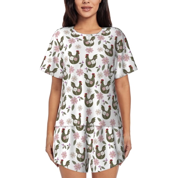 Wukai Flowe Rooster Women's Pajama Set,Short-Sleeve Top and Shorts with Elastic Waistband and Pockets for Loungewear, Yoga, and Casual Wear-Large