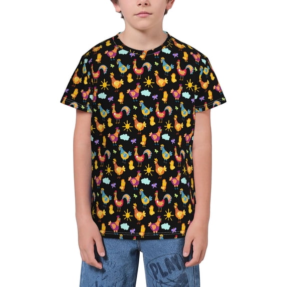 Wukai Flowe Rooster Youth Unisex Short Sleeve T-Shirt for Boys, Girls, Teens, and Kids-Medium