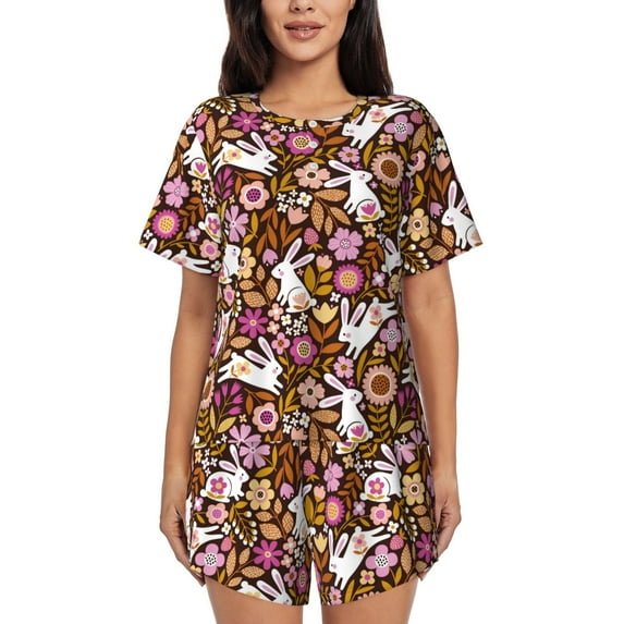 "Wukai Flower Bunny Women's Pajama Set - Short-Sleeve Top and Shorts with Elastic Waistband and Pockets for Loungewear, Yoga, and Casual Wear-XX-Large
