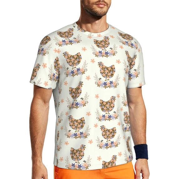 Wukai Flower Chicken Print Men's Short-Sleeved Mesh T-Shirt,Quick-Dry Short Sleeve Workout T-Shirt-3X-Large