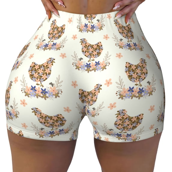 Wukai Flower Chicken Print Pack Biker Shorts for Women Yoga Workout Gym Running Scrunch Active Shorts-