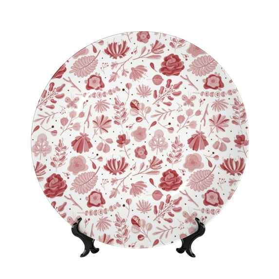 Wukai Flower Leaves Print Decorative Plate for Display,Bone China Decorative Plate, Ceramic Dinner Plate with Stand, Vertical Ceramic Plate-7in