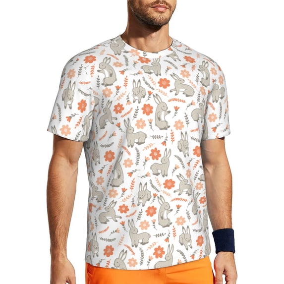Wukai Flower Rabbit Print Men's Short-Sleeved Mesh T-Shirt,Quick-Dry Short Sleeve Workout T-Shirt-Large