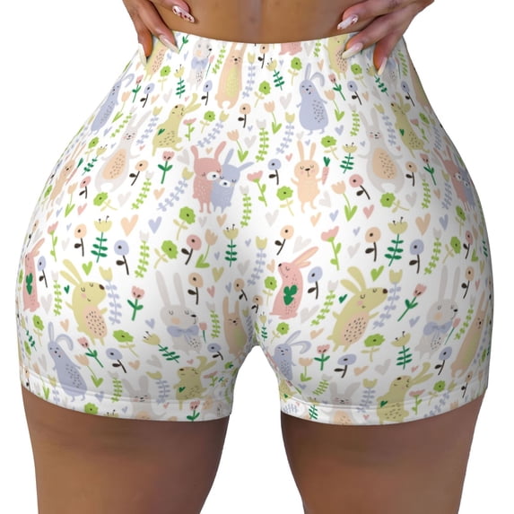 Wukai Flower Rabbit Print Pack Biker Shorts for Women Yoga Workout Gym Running Scrunch Active Shorts-Medium