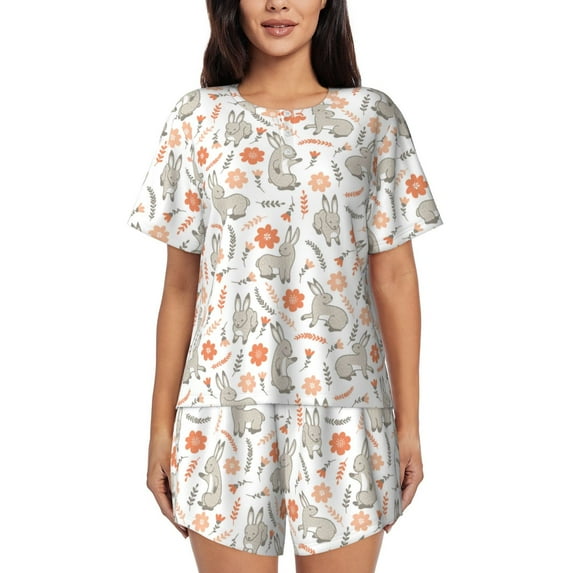 "Wukai Flower Rabbit Women's Pajama Set - Short-Sleeve Top and Shorts with Elastic Waistband and Pockets for Loungewear, Yoga, and Casual Wear-Large