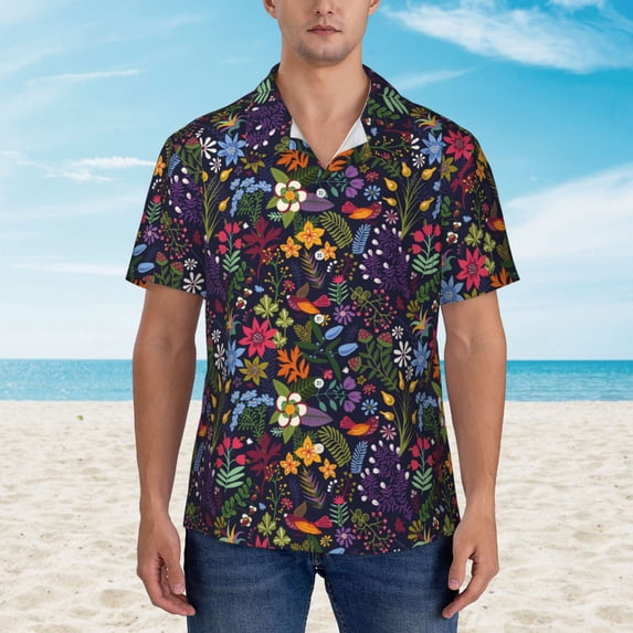 Wukai Flowers And Birds Men's Hawaiian Shirt Short Sleeve Casual Button Down Summer Beach Aloha Shirt Tropical Print Holiday Party