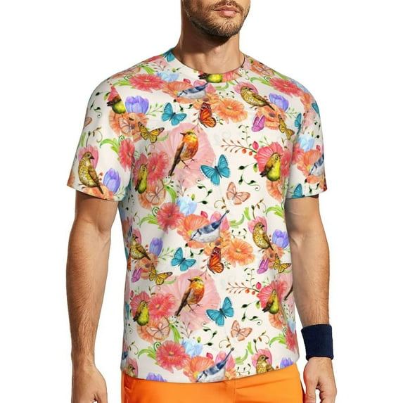 Wukai Flowers And Birds Watercolor Print Men's Short-Sleeved Mesh T-Shirt,Quick-Dry Short Sleeve Workout T-Shirt-Medium
