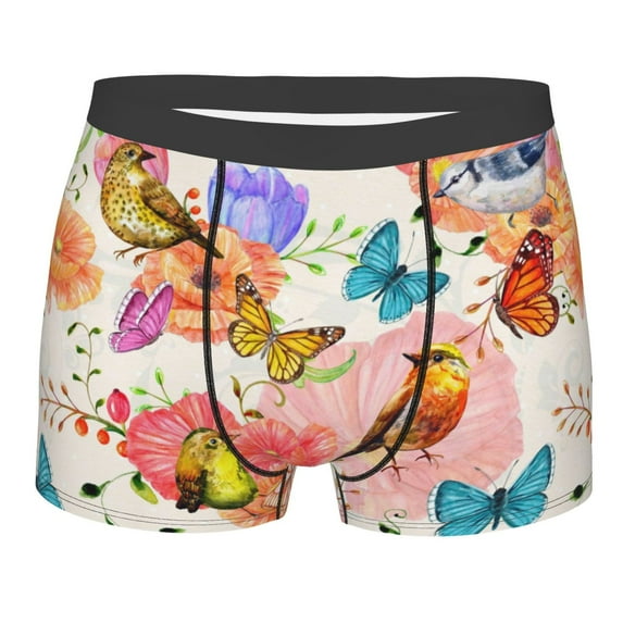 Wukai Flowers And Birds Watercolor Print Men’s Underwear Breathable Boxer Briefs, Moisture Wicking & Breathable-Medium