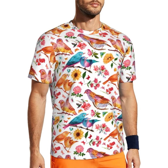 Wukai Flowers Birds And Butterflies Print Men's Short-Sleeved Mesh T-Shirt,Quick-Dry Short Sleeve Workout T-Shirt-XX-Large