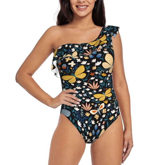 Wukai Flowers Butterfly Chic One Shoulder Swimwear with Ruffle Design and Tummy Control Skirt: Fashionable, Supportive, Comfortable for Beach-XX-Large