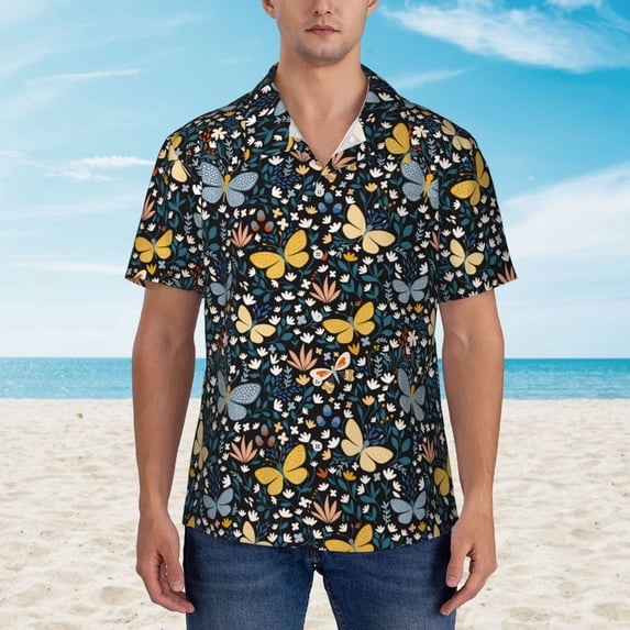 Wukai Flowers Butterfly Men's Hawaiian Shirt Short Sleeve Casual Button Down Summer Beach Aloha Shirt Tropical Print Holiday Party