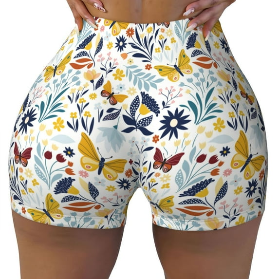 Wukai Flowers Butterfly Print Pack Biker Shorts for Women Yoga Workout Gym Running Scrunch Active Shorts-Large