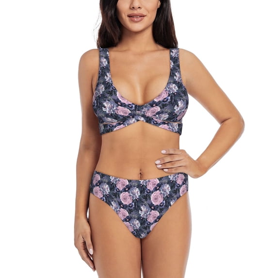 Wukai Flowers Women's Bikini Set Two Piece,wimsuit High Waisted V Neck Twist Front Adjustable Spaghetti Straps Bathing Suit-Large