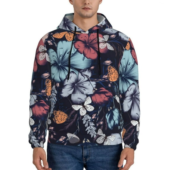Wukai Flowers ad Butterflies Print Men Hoodies Fleece Sweatshirts Long Sleeve Sweaters Pullover Fall Outfits Winter Clothes-XX-Large