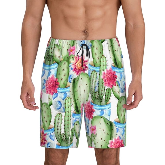 Wukai Flowers and Cactus Men’s Short Pajama Pants With Pockets Soft Sleep Pj Shorts for Men-3X-Large