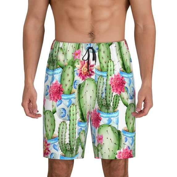 Wukai Flowers and Cactus Men’s Short Pajama Pants With Pockets Soft Sleep Pj Shorts for Men-