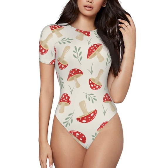 Naloa Cartoon Flat Mushrooms Women's Short-Sleeved Onesie, One-Piece Swimsuit for Parties, dates, clubs - Large