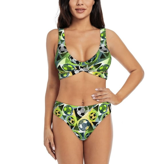 Wukai Football Doodle Women's Bikini Set Two Piece,wimsuit High Waisted V Neck Twist Front Adjustable Spaghetti Straps Bathing Suit-XX-Large