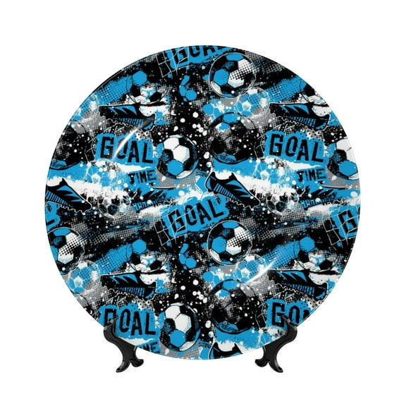 Wukai Football Time Print Decorative Plate for Display,Bone China Decorative Plate, Ceramic Dinner Plate with Stand, Vertical Ceramic Plate-10in