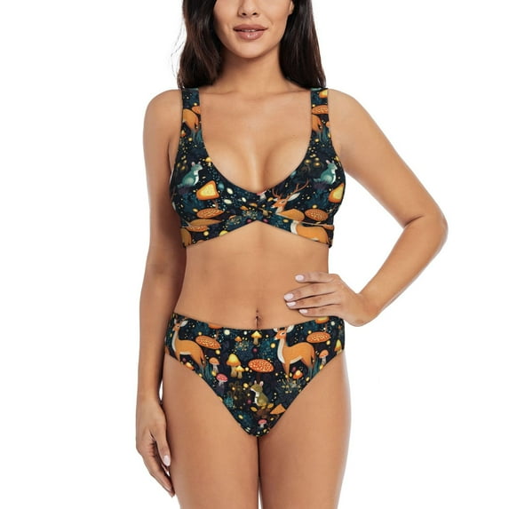 Wukai Forest Elf Women's Bikini Set Two Piece,wimsuit High Waisted V Neck Twist Front Adjustable Spaghetti Straps Bathing Suit-XX-Large