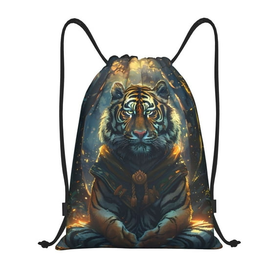 Wukai Forest Meditating Tiger Drawstring Backpack Bag Sport Gym Sackpack Large Size String Backpack Cinch for Women Men-Small