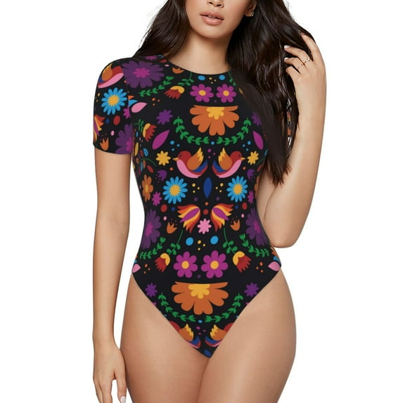 Naloa Colorful Floral2 Women's Short-Sleeved Onesie, One-Piece Swimsuit for Parties, dates, clubs - Small