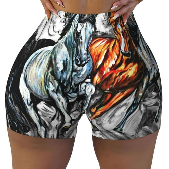Wukai Four Running Horses Print Pack Biker Shorts for Women Yoga Workout Gym Running Scrunch Active Shorts-Medium