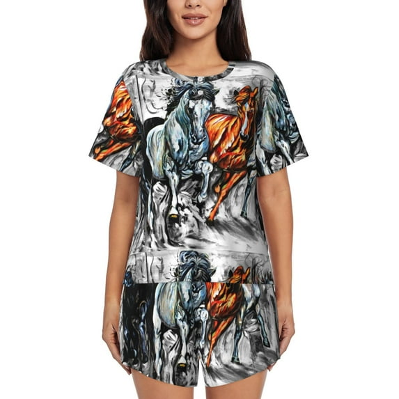 "Wukai Four Running Horses Women's Pajama Set - Short-Sleeve Top and Shorts with Elastic Waistband and Pockets for Loungewear, Yoga, and Casual Wear-XX-Large